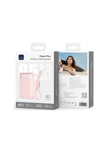 Wiwu T132 Power Plus Serisi Type-c Kablolu Pd Powerbank 65w 12000mah Pembe