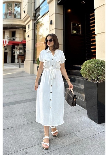 Beyaz Kısa Kol, Gömlek Yaka, Düz Desen, Çift Cepli, Aerobin Kumaş, Kuşaklı Maxi Elbise Beyaz