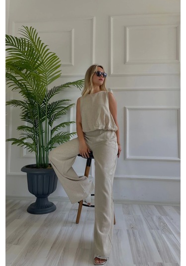 Kadın Eteği Balon Dar Kemerli Keten İkili Takım Bej