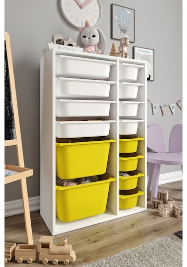 %100 Mdf - Large Duo 14 Sepetli Oyuncak Dolabı Sarı