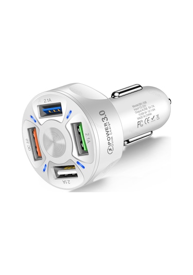 Honmex Beyaz 4 Usb Araç Şarj Cihazı, 35w Qc3.0 Hızlı Şarj, 12-32v Giriş, 5v/7a Çıkış, Pc Malzeme, Opp Paketlemesiyle