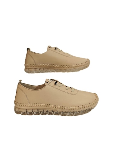 Voyager 9050 Bej Hakiki Deri Şeffaf Taban Bayan Ayakkabı Bej