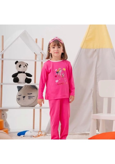 Heroıne Desenli Çanta Ve Maskeli % 100 Pamuk Kız Çocuk Pijama Takımı Gül Kurusu