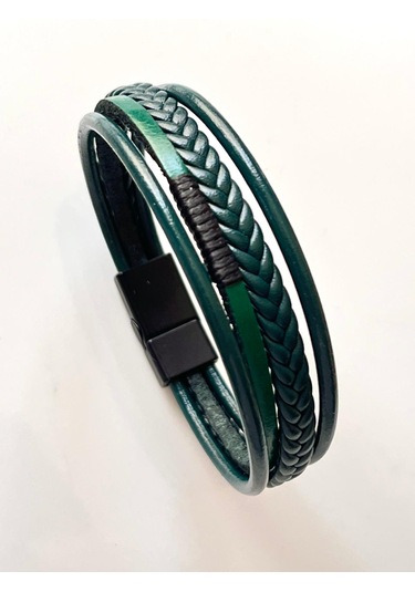 %100 Deri 4lü Kombin Yeşil Erkek Bileklik Boyut Net 20 Cm Yeşil