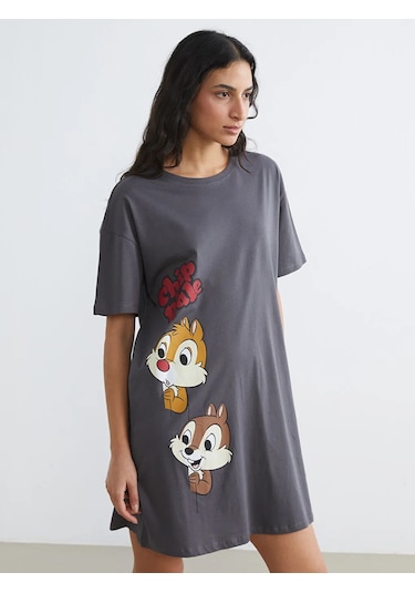 Lc Waikiki Gri Bisiklet Yaka Chip And Dale Baskılı Kadın Gecelik
