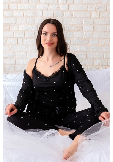 Sabahlıklı Dantel Detaylı Pegasus Kadın Pijama Takımı-çeyizlik Takım- Geniş Beden Aralığı Siyah