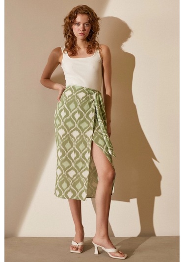 Never More Yırtmaçlı Desen Etek Yeşil