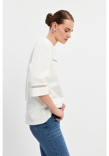 Stella Pulvis Ekru Dantel Detaylı Reglan Kol Bluz Ekru