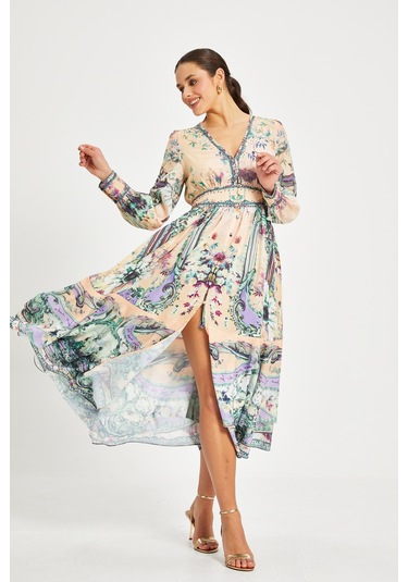 Kadın Desenli V Yaka Elbise Uzun Kollu, Kuşaklı, Astarlı Bej