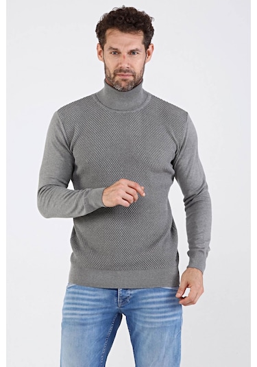 Çizgi Triko Erkek Tam Balıkçı Yaka Pamuklu Triko Kazak 4669E Gri