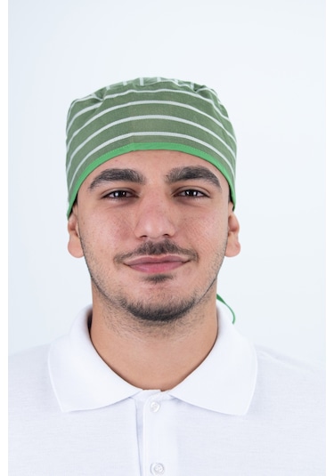 Chef Bone Kep Aşçı Şef Şapkası Çizgi Desenli Haki Çok Renkli