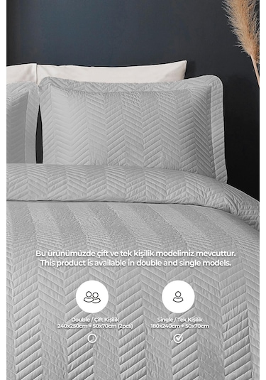 Evlen Home Ross %100 Pamuk Tek Kişilik Yatak Örtüsü Pike Takımı Kapitone Çizgili Günlük Yıkanabilir Gri Gri
