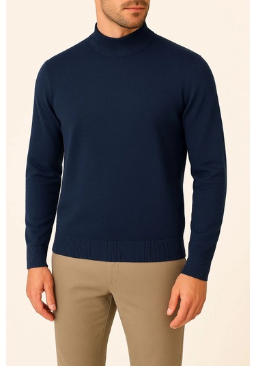 Erkek Yarım Boğaz Triko Kazak Yumuşak Dokulu Pamuklu İnce Dokuma, Uzun Kollu Rahat Regular Kalıp - Lacivert Siyah