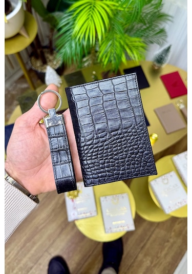 Premium Deri Ruhsat Kılıfı Ve Anahtarlık Seti Siyah Croco