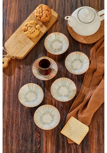 Cooker 6'lı Desenli Porselen Çay Tabağı Bej