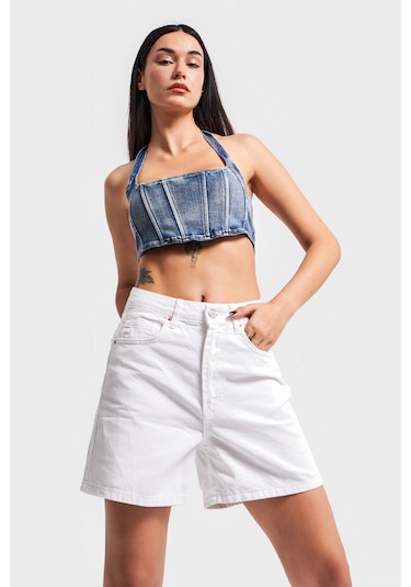 Itsbasic Kadın Beyaz Renk Diana Mom Fit Denim Şort