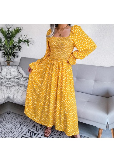 Sonbahar Kış Kare Yaka Uzun Kollu A Line Pileli Baskılı Uzun Elbise S-xl Sarı