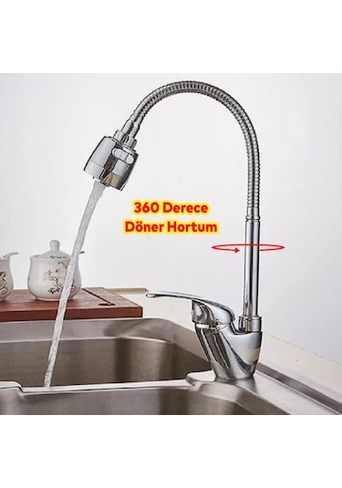 Musluk Batarya Kuğu Evye Borusu Spiral Hortumlu Krom Renk 2 Gümüş