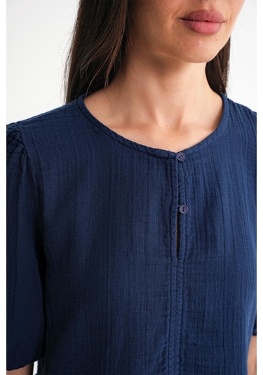 4713 Kadın Beli Büzgülü Kolu Lastikli Bol Müslin Bluz Lacivert Lacivert