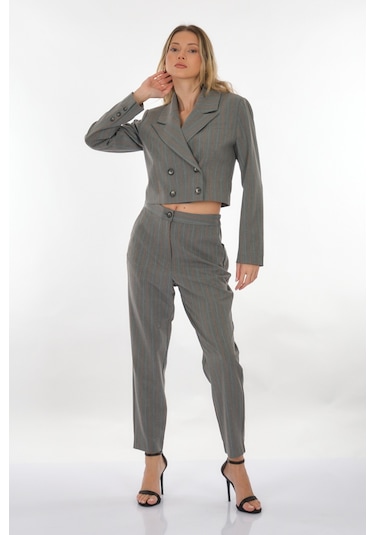 Perspective Kruvaze Yaka Çizgili Gri-turuncu Kadın Ceket 24061168 001