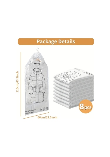 Honeybeeshop 8 Uzun Tarz 8li Asılı Vakum Depolama Çantası Giysi Ceket Takım Elbise İçin Gardırop Düzenleyici Seyahat Seti 4 Uzun 4 Kısa Beyaz Şeffaf