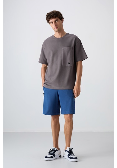 Tommy Life Koyu Gri Pamuklu Kalın Yüzeyi Dokulu Oversize Fit Basic Erkek T-shirt - 88341 001