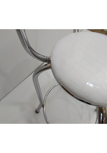 Sandalye Bar Tipi Yüksek Model Beyaz 1 Adet Metal Çelik Nikelaj Suni Deri Döşeme El Yapım Beyaz