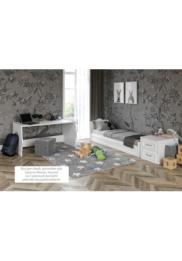 KznHome Kartopu Country Tarzı Bebek Odası Takımı - 3 Parçalı Tamamı MDF Beyaz