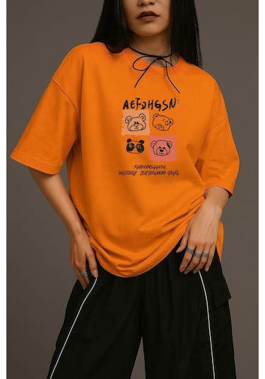 Ayıcık Baskılı Unisex Oversize Tişört Turuncu