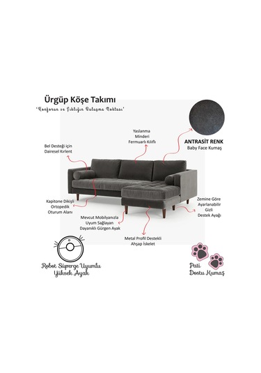 Ürgüp Modern Köşe Koltuk Takımı - Antrasit - Sağ Köşe-baby Face Yumuşak Kumaş Antrasit