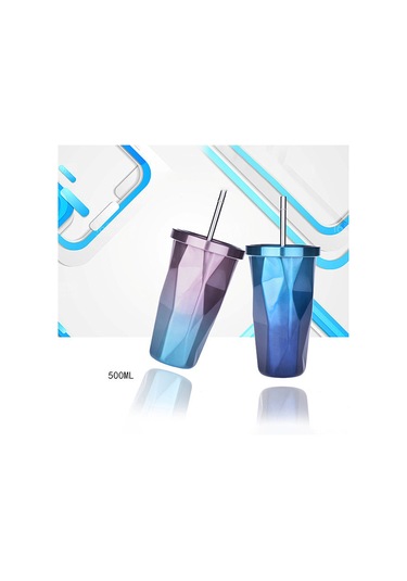 Padalink 500ml İki Katlı Paslanmaz Çelik Termos Bardak - 6 Saat Isı Saklama, Damlacık Önleyici Kapağı Ve Pipetli - Mavi Dereceli Daireli Desen Mavi