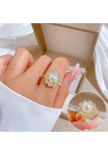 Geometrik Elmas Taşlı Yuvarlak İnci Yüzük No.51 Çok Renkli