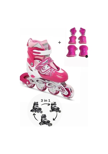 Işıklı Çocuk Pateni Silikon Ayarlanabilir Teker Metal Gövde Numaralı Ve Koruma Seti Pembe