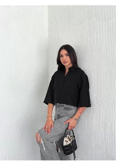 Z Krep Kadın Crop Yakalı Gömlek İlik Düğmeli Üç Çeyrek Sleeve Kol - Siyah Siyah