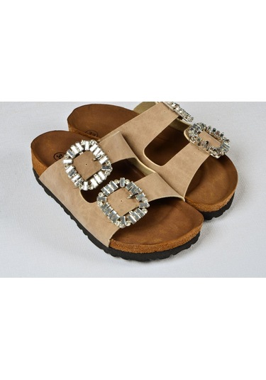 Kız Çocuk Mantar Tabanlı Çift Tokalı Ortopedik Birkeen Arizona Taşlı Terlik Bej