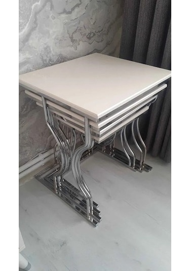 Arden Elite 4'lü Kare Zigon Sehpa Seti Gümüş Krom Ayak, Krem Mdf Beyaz