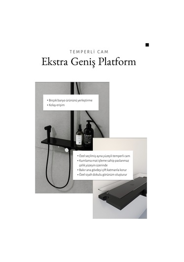 Zift Unique Premium Siyah Duş Sistemi Seti - 4 Fonksiyonlu Yağmur Duş Başlığı, Temperli Cam Raf, Masajlı El Duşu Siyah