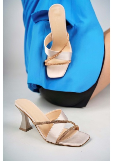 Bulutmod Ba04194 Ten Kadın Saten Çapraz Taşlı Günlük Abiye Topuklu Terlik Ten