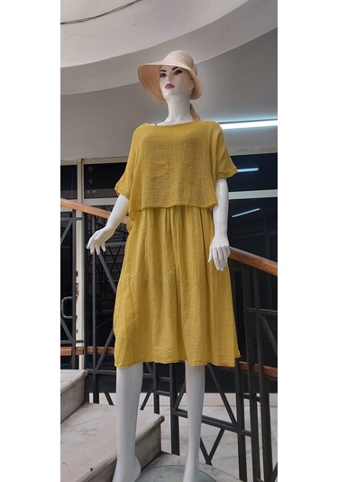 İtalyan Müslin Keteni Üstü File Bluzlu Astarlı Tek Parça Elbise Hardal Sarısı Hardal