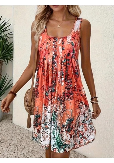 Kadın Sıfır Kollu Kare Yaka Önden Pileli Salaş Süprem Elbise Desenli