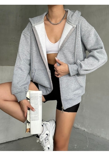 Kadın Fermuarlı Oversize Sweat Hırka Gri