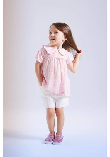 DeFacto Kız Bebek Büyük Yaka Krinkıl Viskon Çiçekli Kısa Kollu Bluz C3761A524SMPN167 Pembe