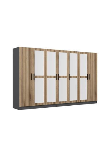 Minar Kale 7 Kapaklı 5 Aynalı 4 Çekmeceli Dolap Antrasit Dore 210cm