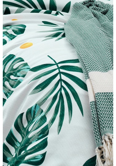Tek Kişilik Baskılı Pike Takımı Monstera Yeşil Yeşil