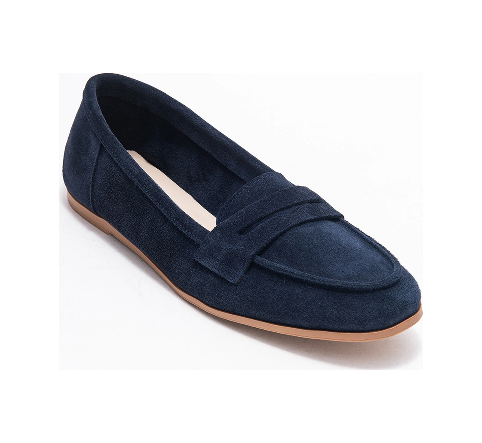 F02 Lacivert Süet Hakiki Deri Kadın Loafer Ayakkabı Lacivert