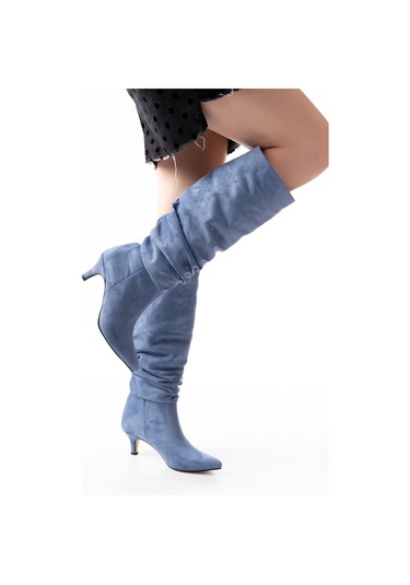 Sr-2001 Kot Mavi Süet İnce Topuklu Günlük Bayan Çizme Lacivert
