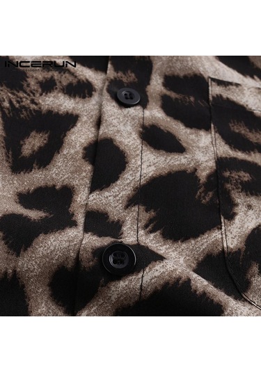 Incerun Casual Leopar Baskılı Erkek Gömlek Yaka Yaz Kısa Kollu Hawaii Gömlek Moda Baskı Üstleri Haki