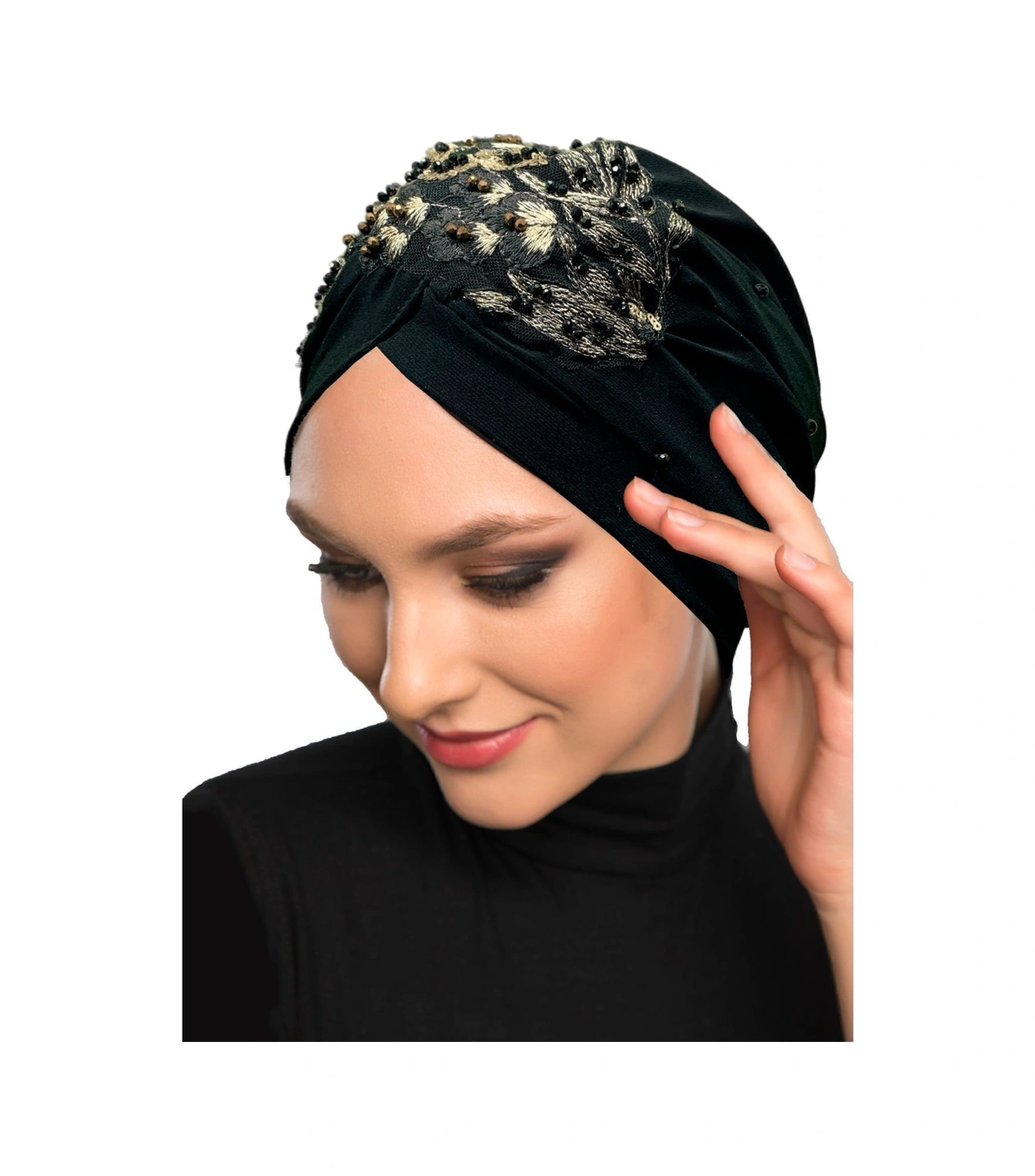 Kopma Astarlı Işlemeli Siyah Sırma Motifli Hazır Türban Tesettür Abiye Bone Siyah Sırma