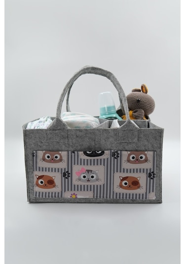 Jasper Kedi Figürlü Desenli Gri Keçe Anne Bebek Bakım Çantası Or Gri