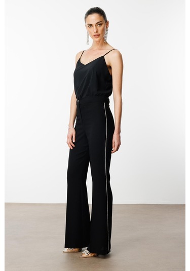 Moda İlgi Kadın Yanı Şerit Taş Aksesuarlı Pantolon 0077 Siyah Siyah